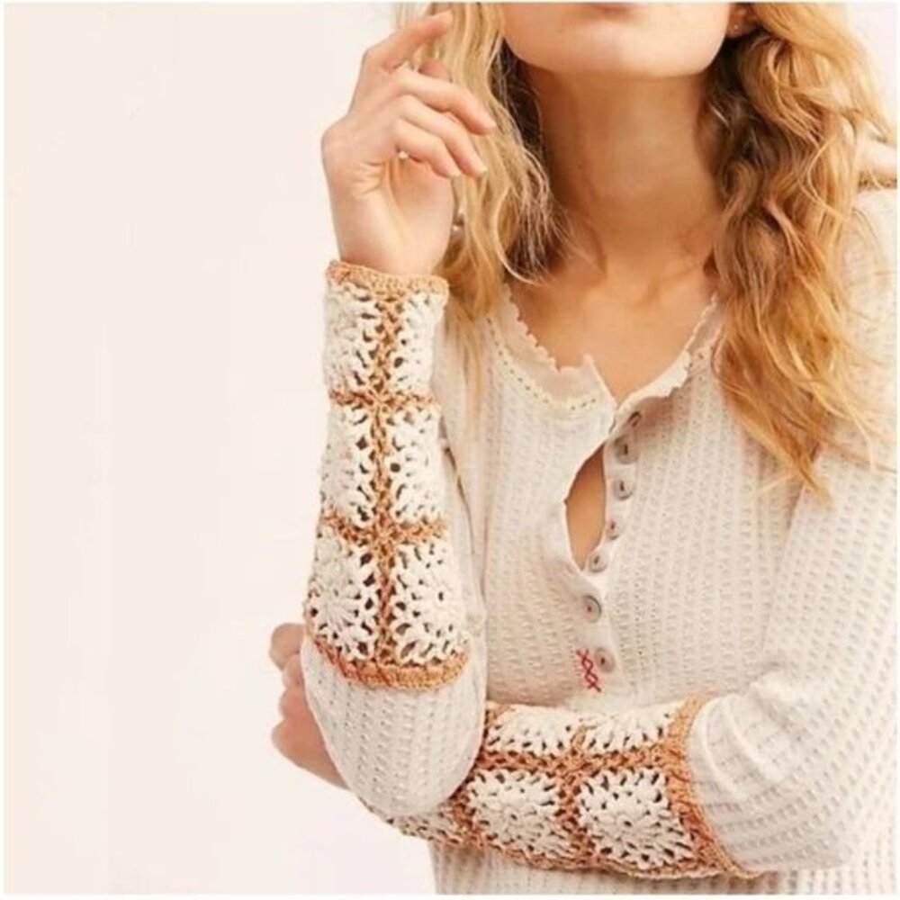 NWT Free People Mauve Pink Crochet Cuff Mistletoe Thermal Top - Picture 4 of 7